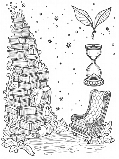 Floating Library with Magical Creatures and Quills