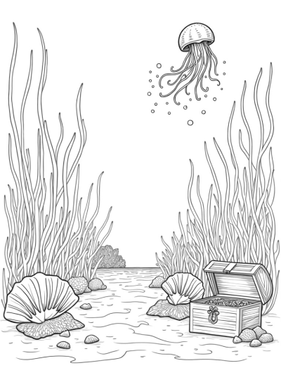 Underwater Garden with Treasure Chest and Jellyfish