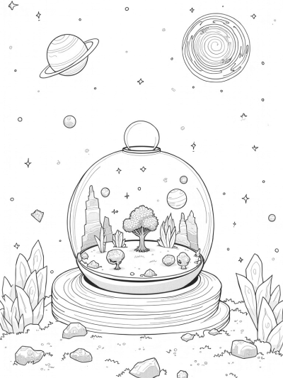 Cosmic Garden with Alien Landscape and Glass Terrarium