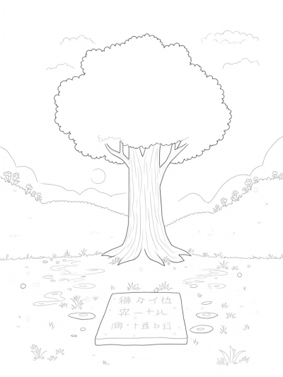 Serene Garden with Towering Tree and Stream