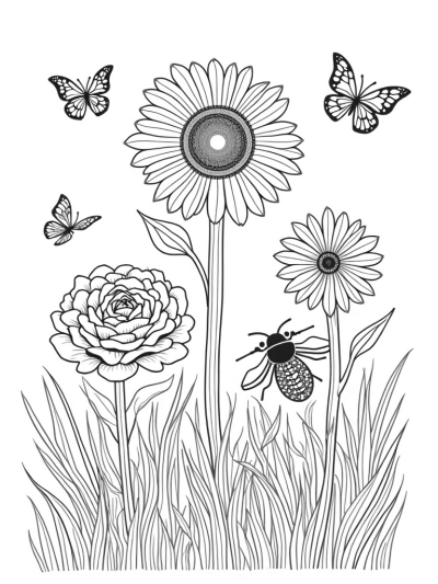 Oversized Flower Garden with Bumblebee and Butterflies