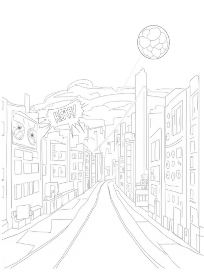 Urban Skyline with Spider Webs and Comic Panels