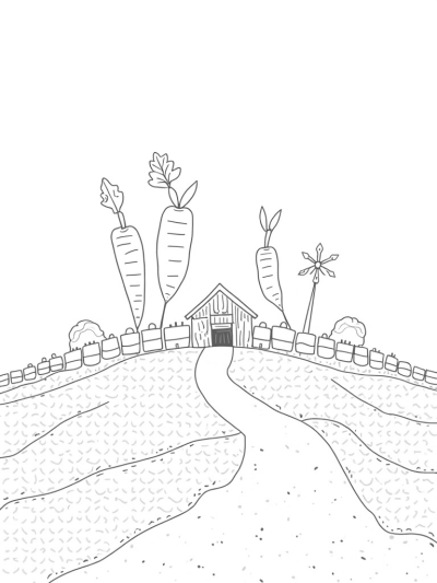 Giant Carrots and an Apple Barn Farm Scene