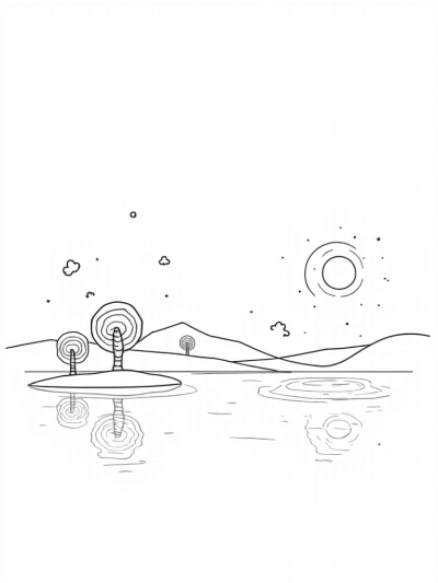 Serene Lake with Colorful Balloon Circles