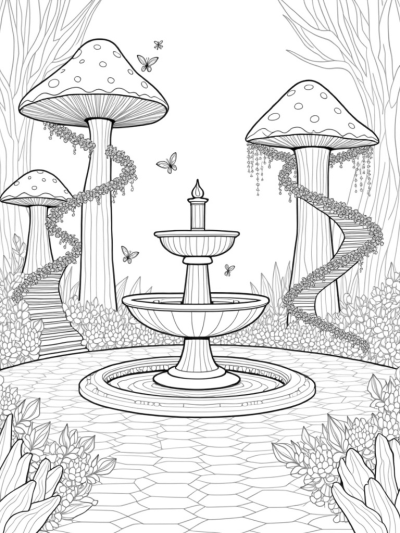 Enchanted Garden with Crystal Pots and Colorful Fountain