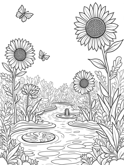 Oversized Daisies and a Tulip Fountain in a Garden