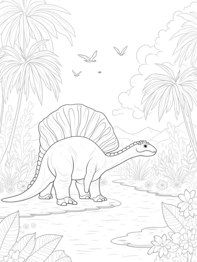 Stegosaurus and Pterosaurs in a Prehistoric Jungle