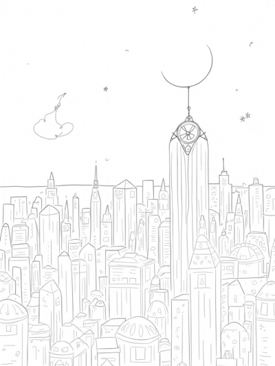 Twilight City Skyline with Spider Clock