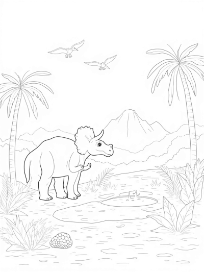 Triceratops and the Bubbling Hot Spring in a Prehistoric Jungle