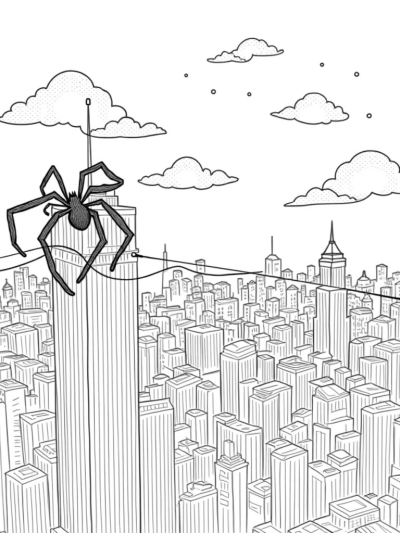 Skyscraper Cityscape with Spider and Comic Panels