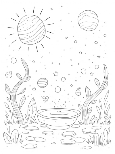 Celestial Garden with Colorful Planets and Moons