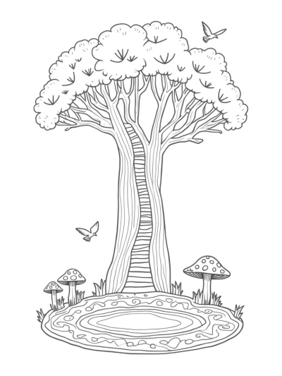 Magical Tree with Spiral Staircase and Colorful Pathway