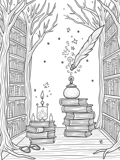 Magical Wizarding Library with Floating Quill and Enchanted Spectacles