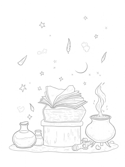 Ancient Spellbook and Bubbling Cauldron