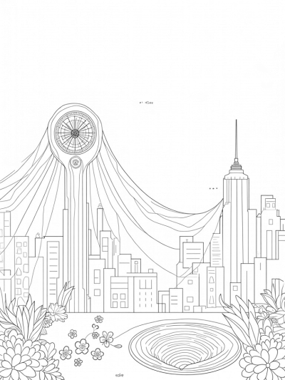 Dusk Skyline with Spider-Shaped Clock Tower