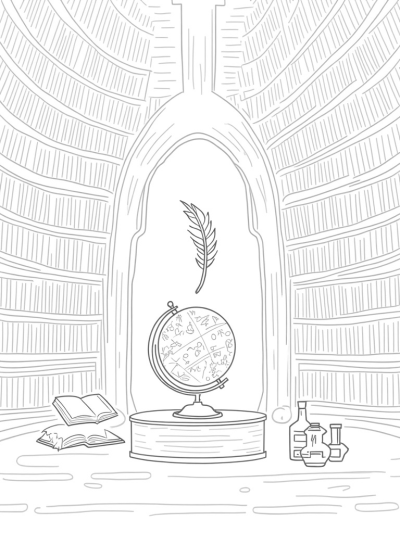 Magical Wizarding Library with Enchanted Globe