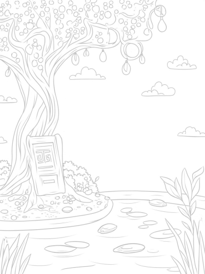 Tranquil Garden with Colorful Fruits and Spiraled Tree