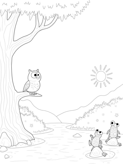 Jungle Canopy with Playful Frogs and Owl