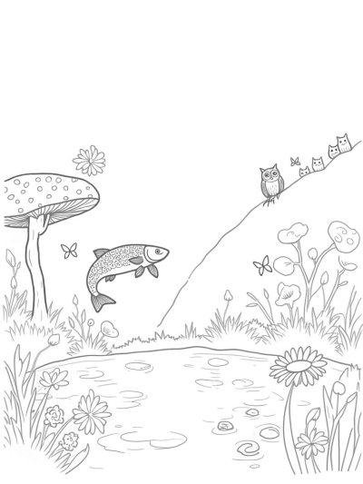 Giant Mushrooms and a Leaping Fish in a Forest Clearing
