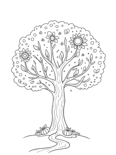 Four Seasons Tree with Flowers, Leaves, and Snowman