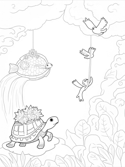 Jungle Tortoise with a Miniature Garden and Colorful Birds