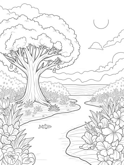 Magical Garden with Enchanted Tree and River