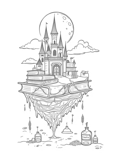 Floating Castle of Books with Quills and Potions