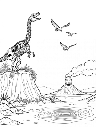 Colossal Dinosaur Skeleton with Vibrant Ferns and Pterosaurs