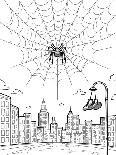 Giant Spider Web Over the City at Sunset