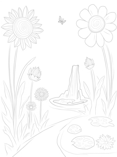 Oversized Flowers and a Mosaic Pathway in a Whimsical Garden