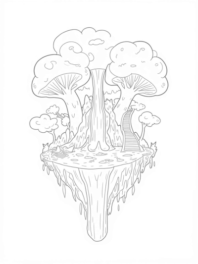 Floating Island With Giant Mushrooms and Waterfall