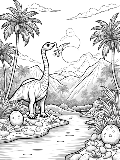 Brontosaurus and Pterodactyls in a Prehistoric Jungle