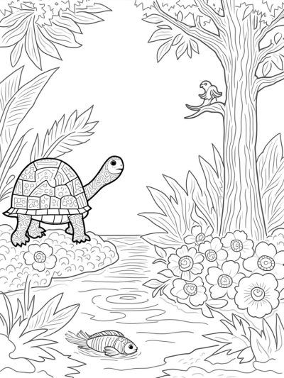 Jungle Scene with Animal Silhouettes and a Giant Tortoise