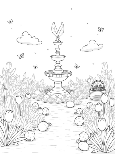 Oversized Eggs and a Carrot Fountain in a Colorful Garden