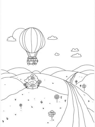 Bus-Shaped Hot Air Balloon Over Colorful Hills