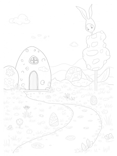 Whimsical Garden with Decorated Eggs and a Carrot Tree