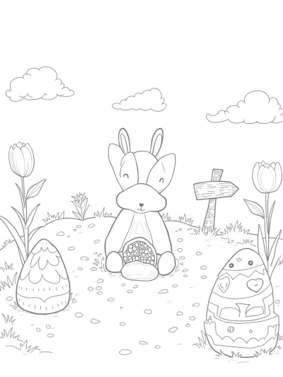 Chocolate Bunny Meadow with Colorful Eggs and Tulips