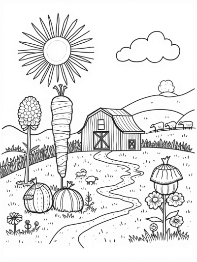 Giant Twisting Carrot and Sun-Shaped Barn