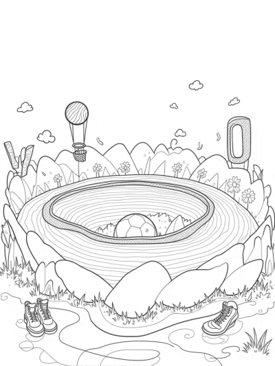 Flower-Shaped Sports Arena with Giant Hoops and Soccer Balls
