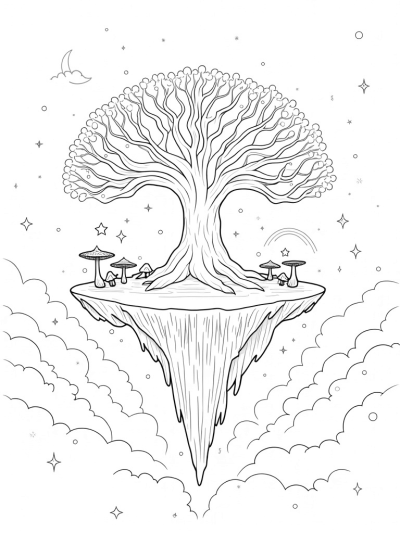 Floating Island with a Colossal Tree and Starry Leaves