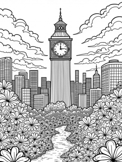 Urban Skyline with Spider Webs and a Giant Clocktower