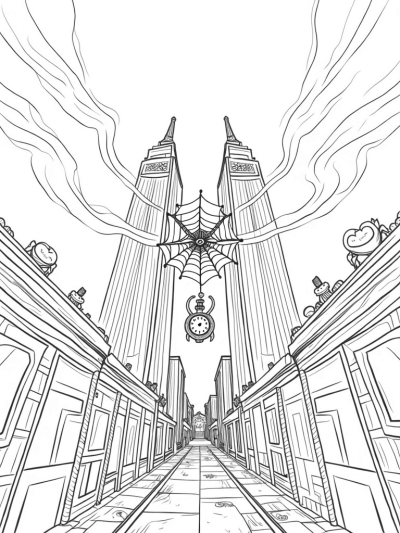 Cityscape of Spider Silk Skyscrapers and a Giant Clock