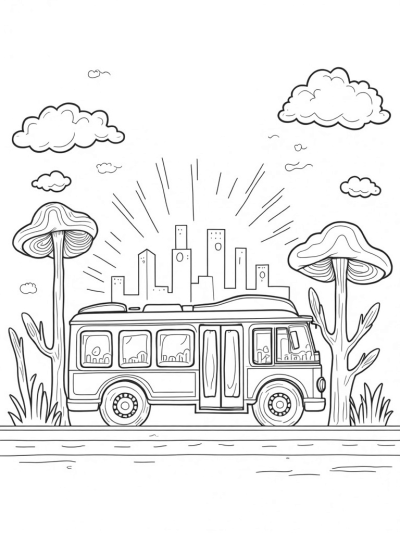 Giant Flower-Bus in a Whimsical Cityscape