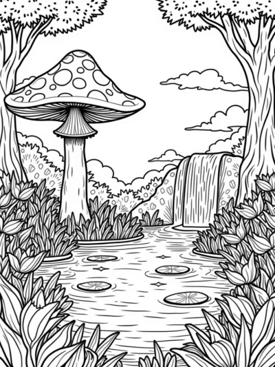 Oversized Flower Garden with Giant Mushroom and Serene Pond