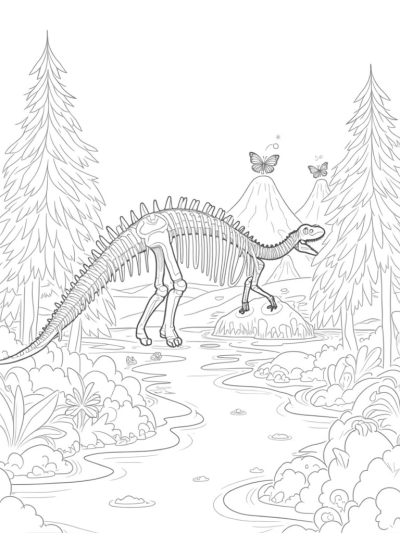 Prehistoric Jungle with Dinosaur Skeleton and Butterflies