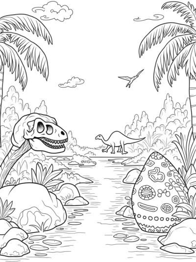 Prehistoric Jungle with Dinosaur Skull and Brontosaurus