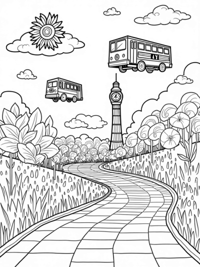 Floating Buses in a Whimsical Cityscape