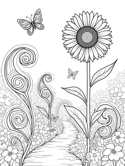 Giant Spiraled Flowers and a Colossal Sunflower in a Whimsical Garden