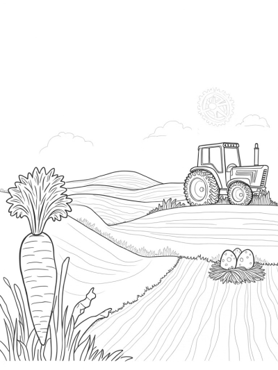 Patchwork Farm with Colorful Tractor and Giant Carrot