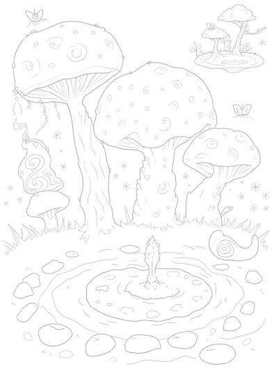 Oversized Mushrooms and a Sparkling Fountain
